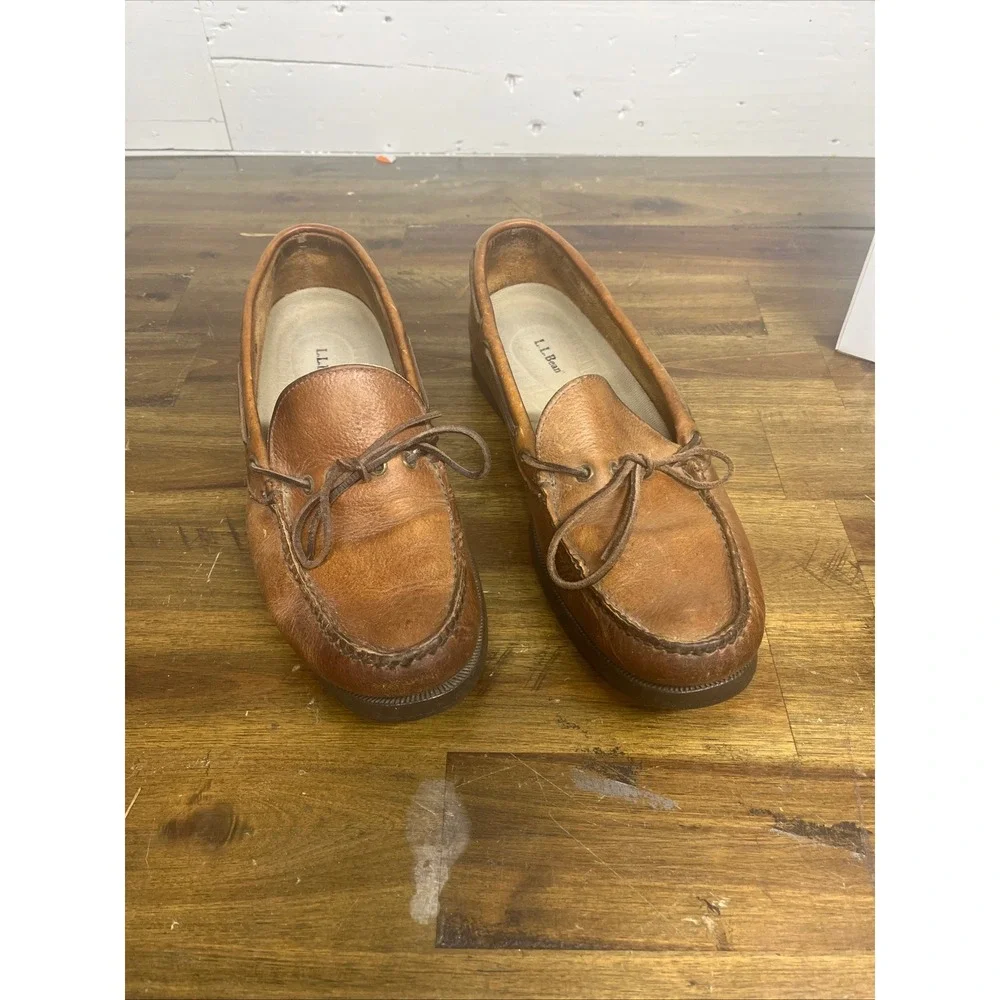 LL Bean Mens Handsewn Camp Mocs Brown Leather Boat Shoes Loafers Slip On